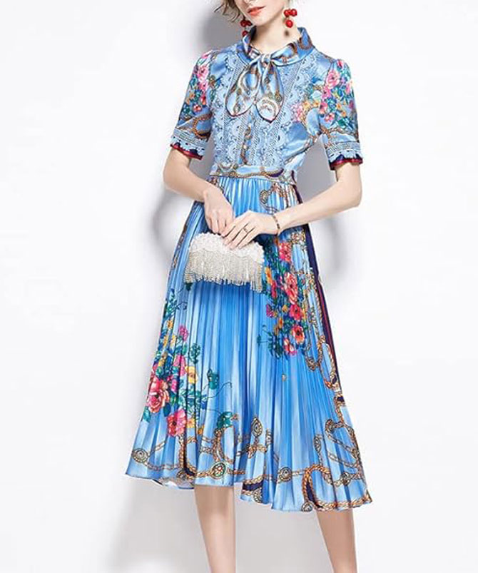 Floral Elegant Pleated Dress - TORFEO Outlet