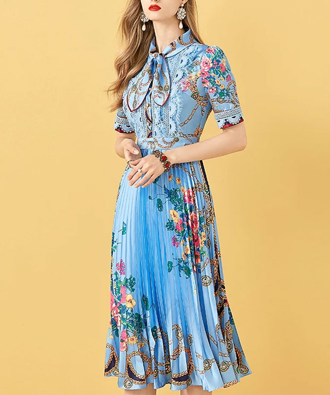 Floral Elegant Pleated Dress - TORFEO Outlet